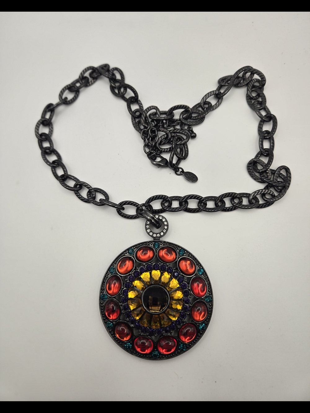 Joan Rivers Long Gunmetal Chain Necklace Crystal Medallion Bold Red Yellow Smoky